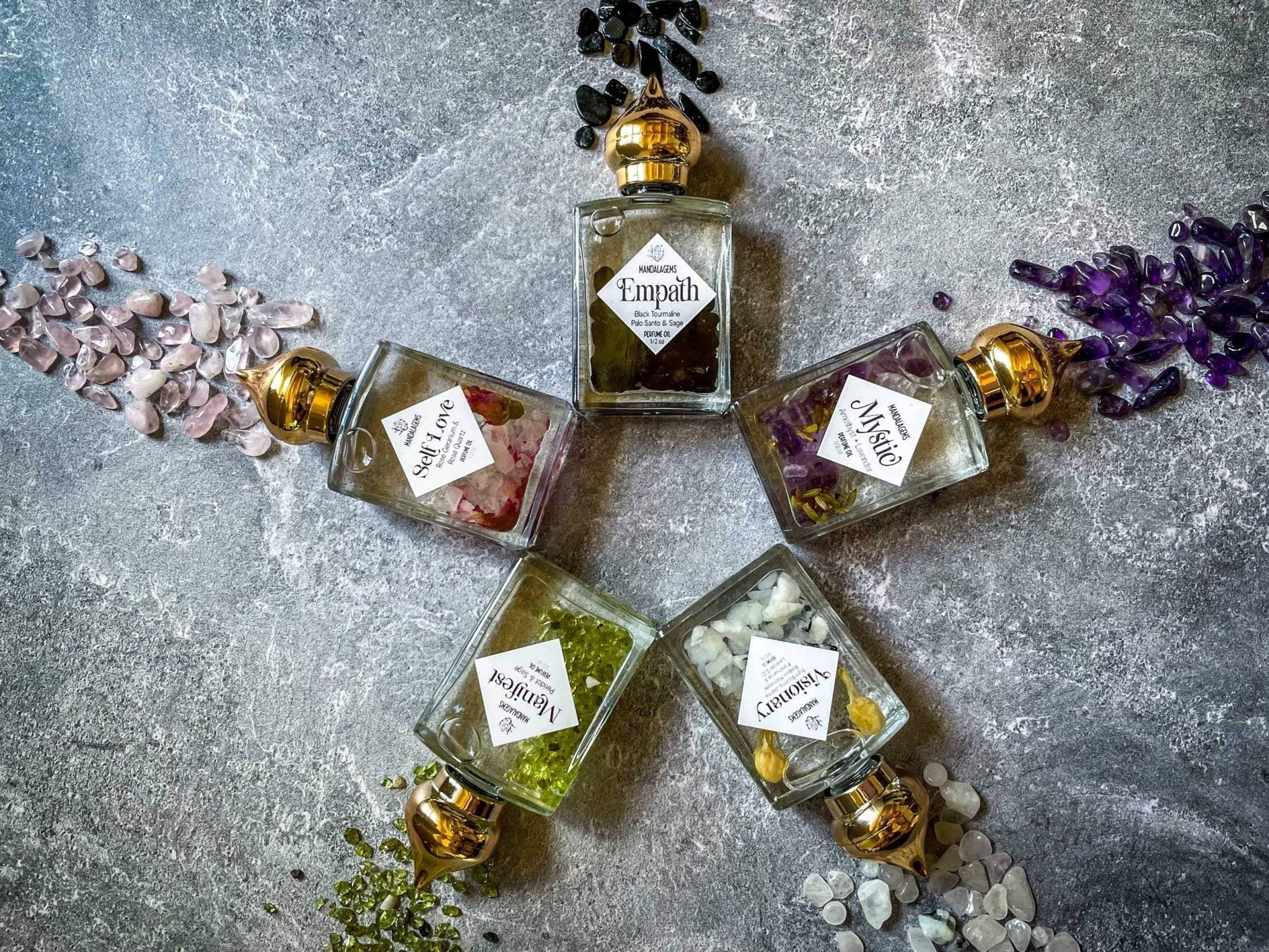 EMPATH PROTECTION Crystal Infused Perfume Oil with Black Tou - Spiral Circle