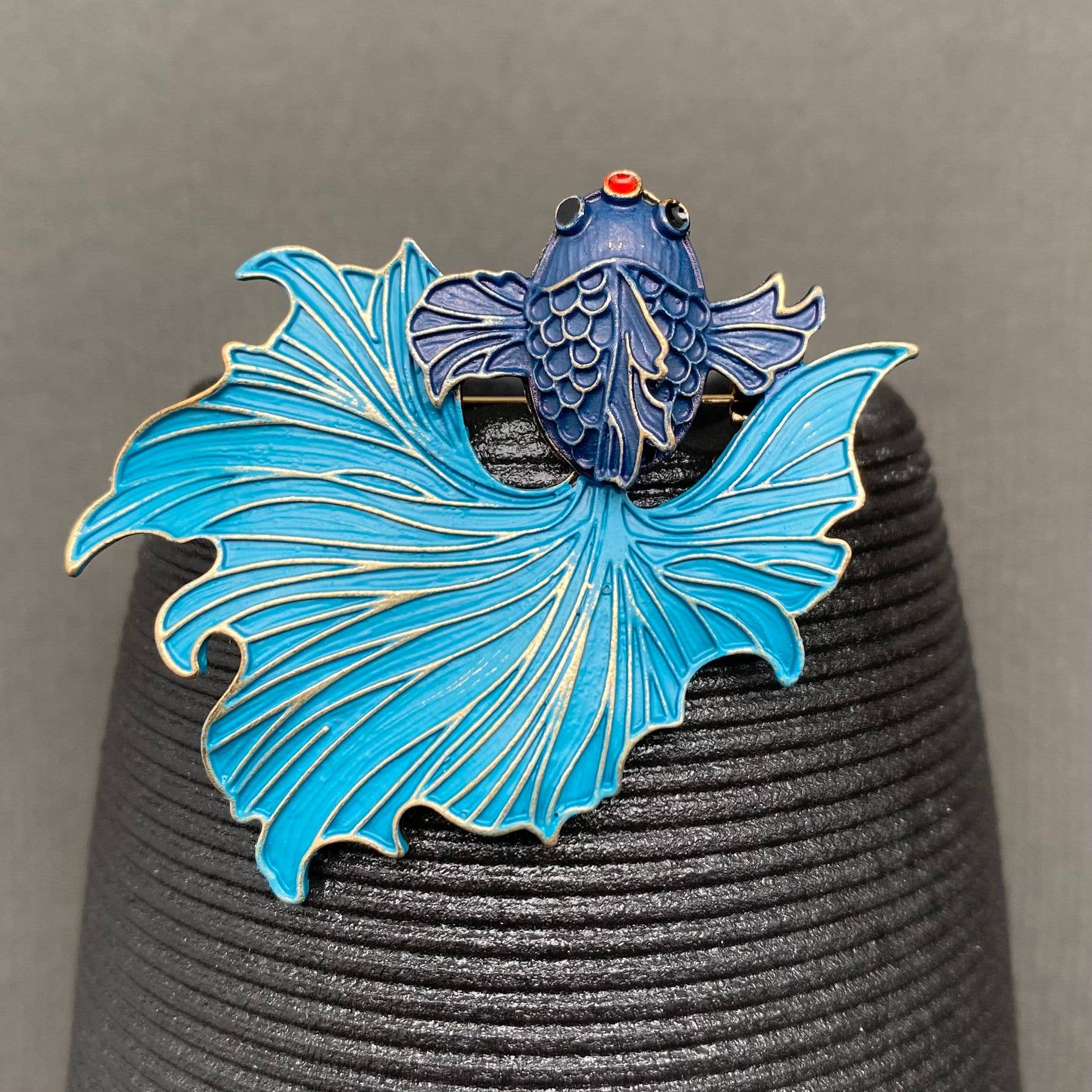 Enamel Blue Goldfish Brooch - Spiral Circle