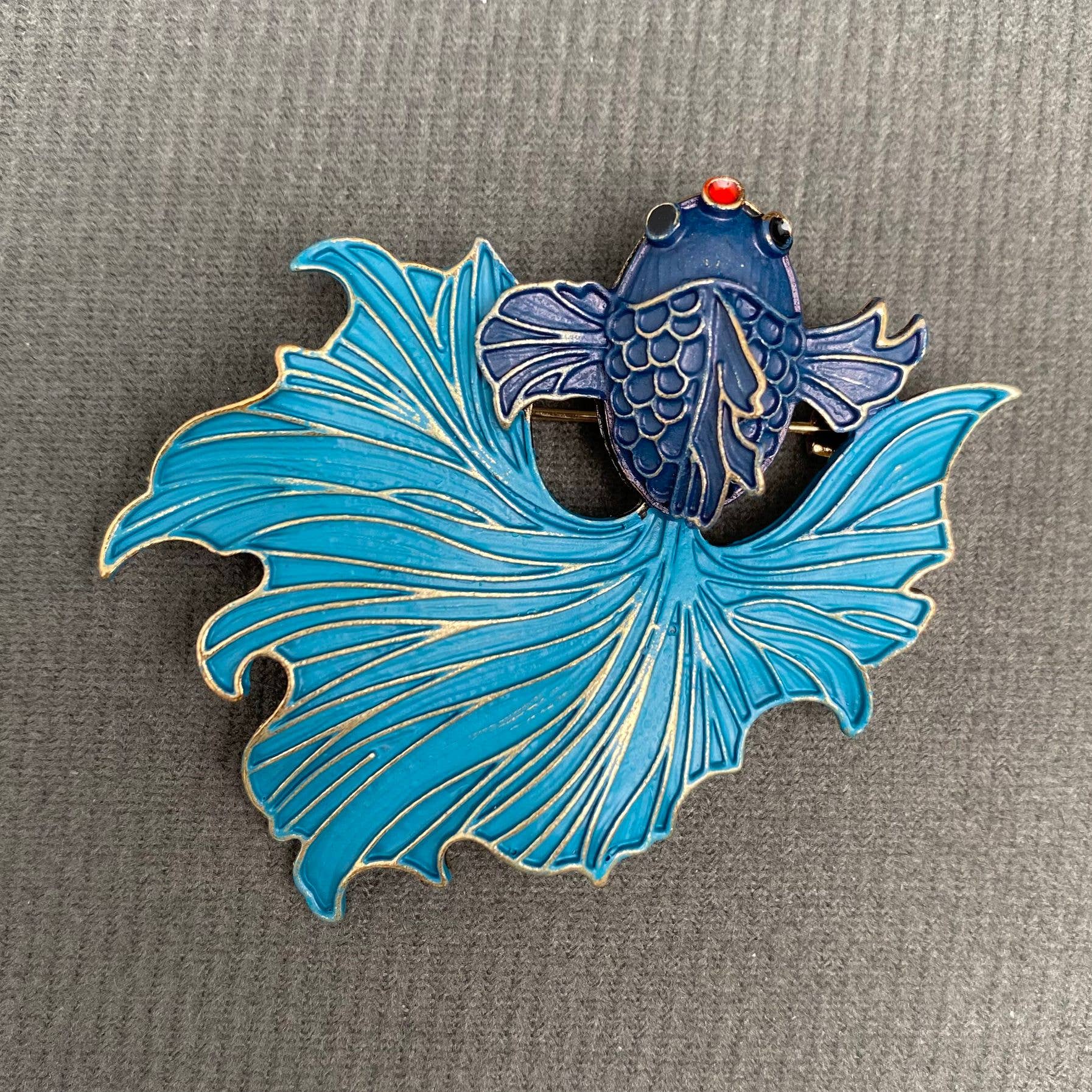 Enamel Blue Goldfish Brooch - Spiral Circle