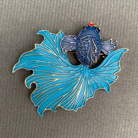 Enamel Blue Goldfish Brooch - Spiral Circle