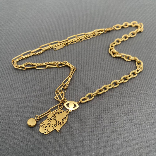 Enamel Fatima's Hand | 18K Gold Plated S.Steel | Necklace - Spiral Circle