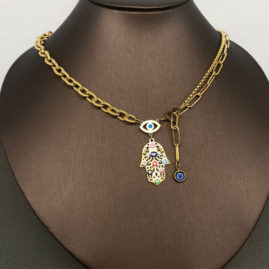 Enamel Fatima's Hand | 18K Gold Plated S.Steel | Necklace - Spiral Circle