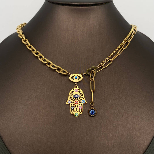 Enamel Fatima's Hand | 18K Gold Plated S.Steel | Necklace - Spiral Circle