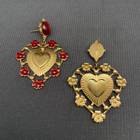 Enamel Flower Heart | 18K Gold Plated Earrings - Spiral Circle