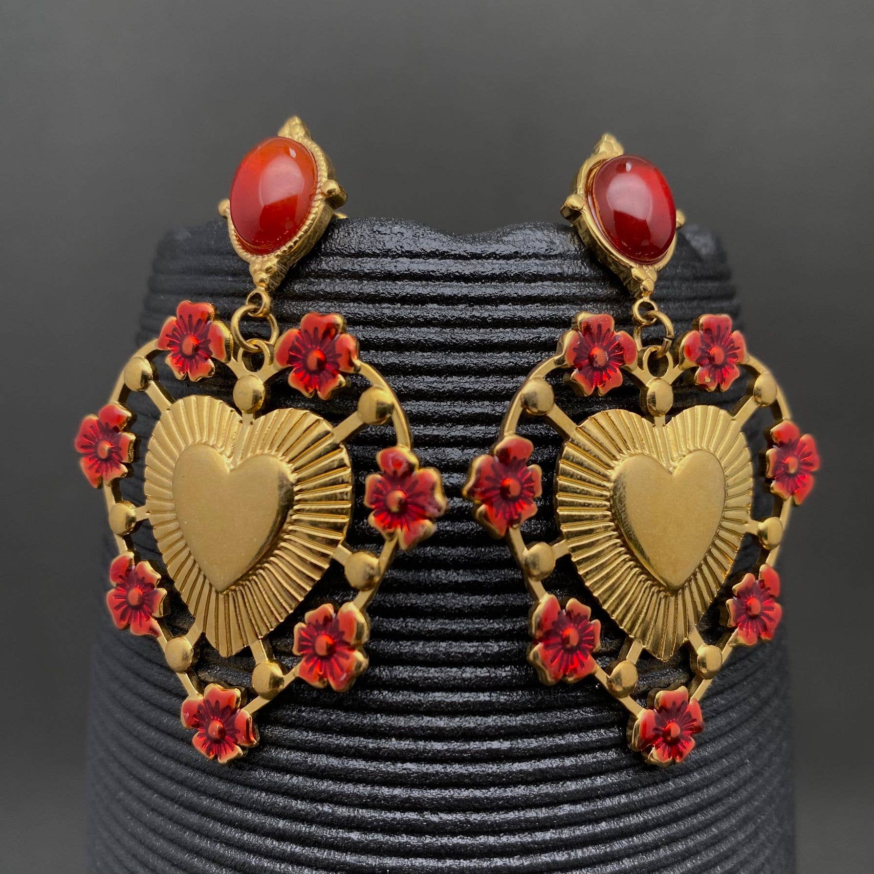 Enamel Flower Heart | 18K Gold Plated Earrings - Spiral Circle