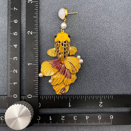 Enamel Goldfish Dangle Earrings - Spiral Circle