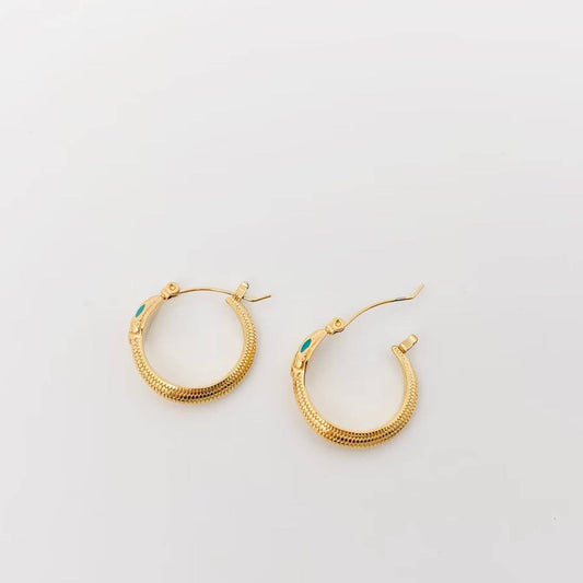 Enamel Green Eyes Snake 18K Gold Plated Hoop Earrings - FGS - Spiral Circle