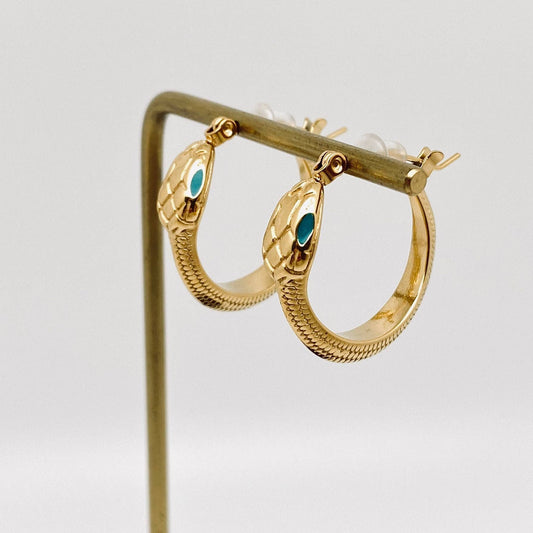 Enamel Green Eyes Snake 18K Gold Plated Hoop Earrings - FGS - Spiral Circle