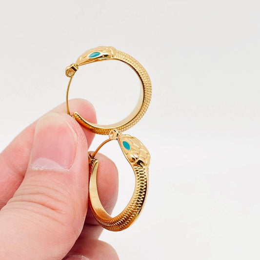 Enamel Green Eyes Snake 18K Gold Plated Hoop Earrings - FGS - Spiral Circle
