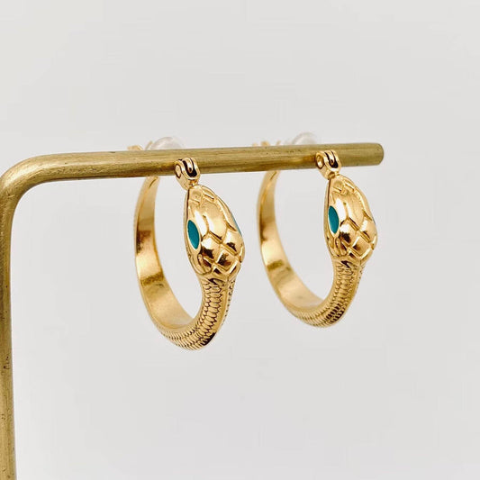 Enamel Green Eyes Snake 18K Gold Plated Hoop Earrings - FGS - Spiral Circle