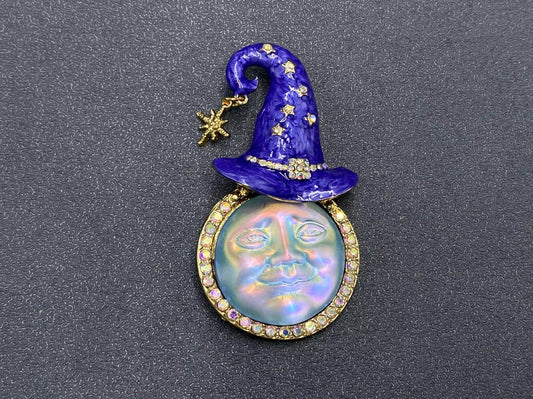 Enamel Moon with Magic Hat Brooch - Spiral Circle