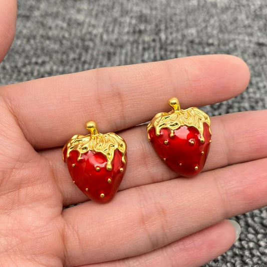 Enamel Strawberry 18K Gold Plated Stud Earrings - Spiral Circle
