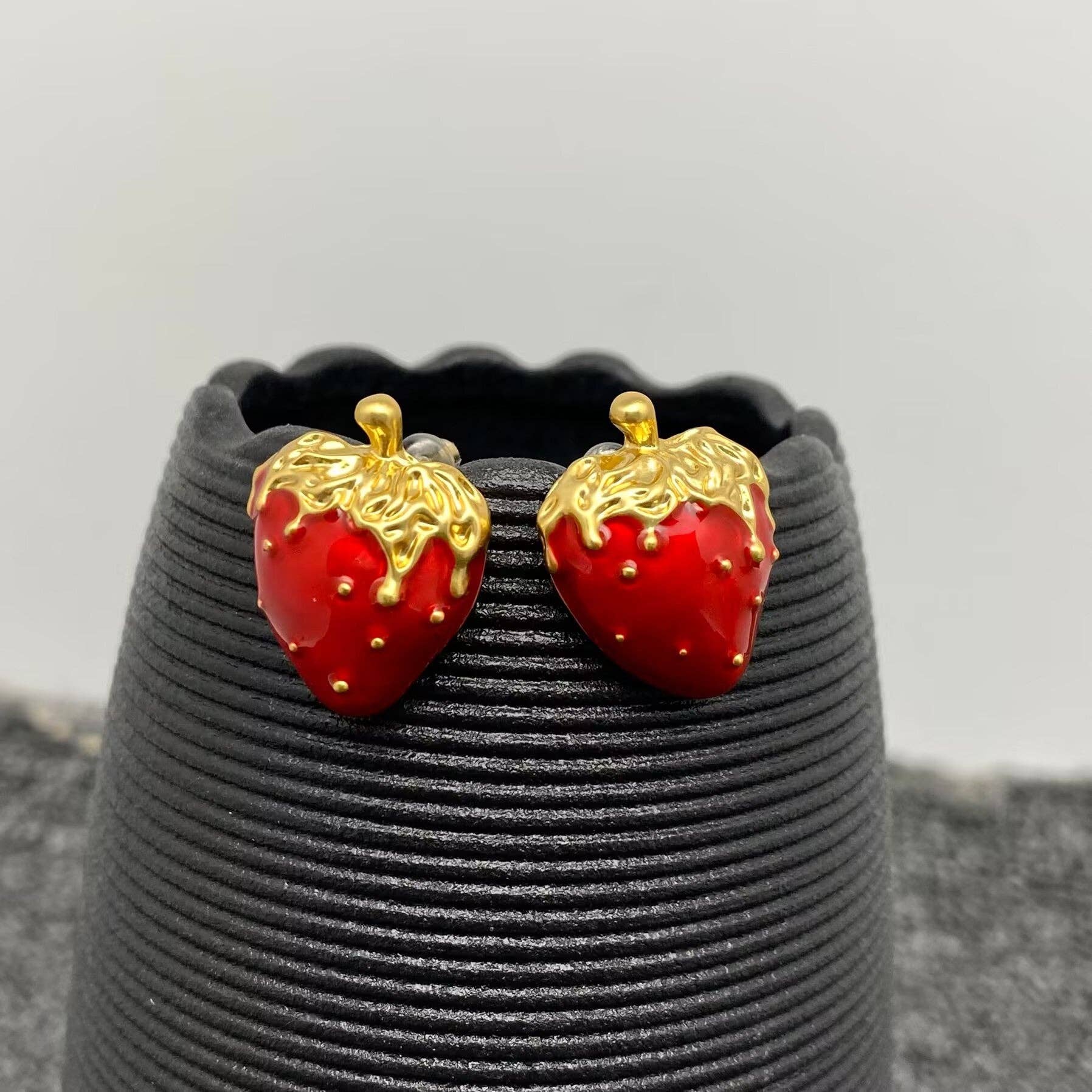 Enamel Strawberry 18K Gold Plated Stud Earrings - Spiral Circle