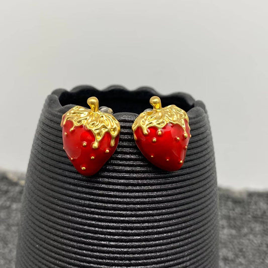 Enamel Strawberry 18K Gold Plated Stud Earrings - Spiral Circle