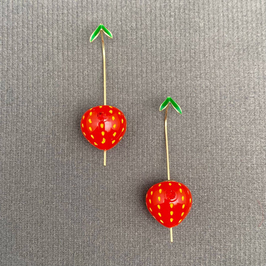 Enamel Strawberry Dangle Earrings - Spiral Circle