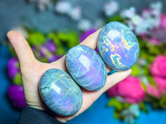 Ethically Sourced Purple Labradorite Crystal Palmstones - Spiral Circle