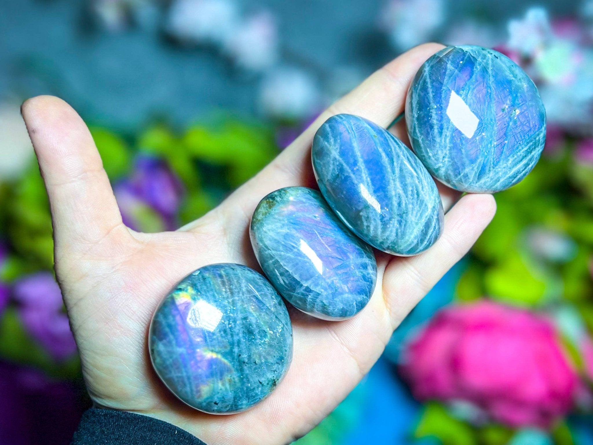 Ethically Sourced Purple Labradorite Crystal Palmstones - Spiral Circle