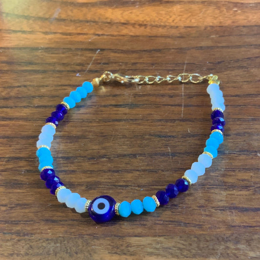 Evil Eye Bracelet light blue dark blue white beads | gold tone - Spiral Circle