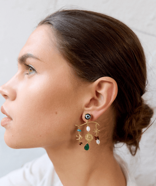 Evil Eye Charm Chandelier Earring 14K - Spiral Circle