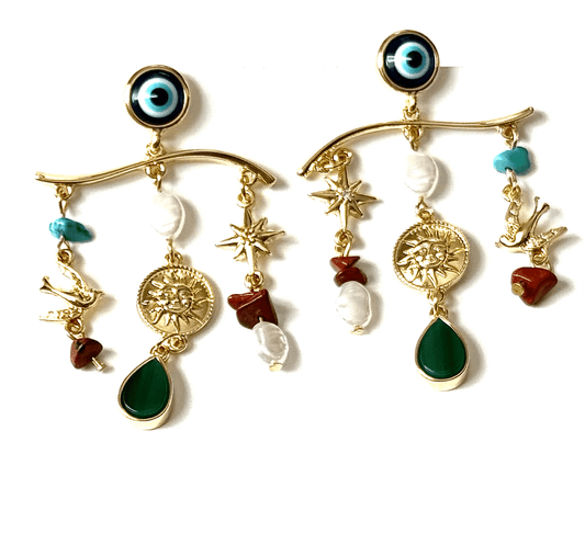 Evil Eye Charm Chandelier Earring 14K - Spiral Circle