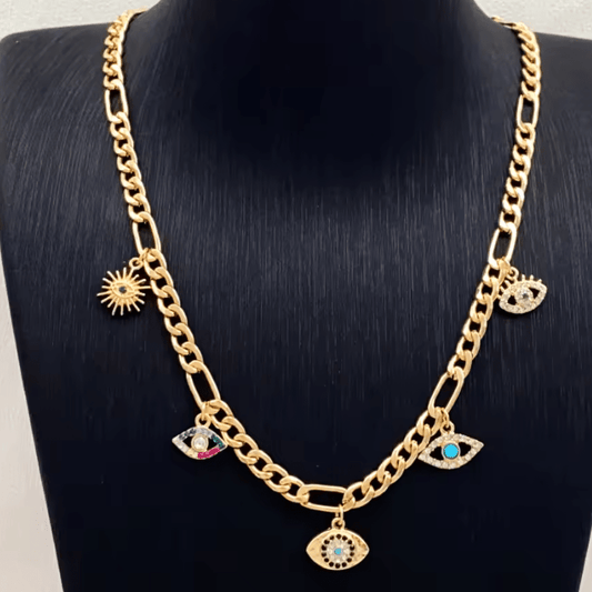 Evil Eye Charm Collar Steel Necklace 14K  - Spiral Circle