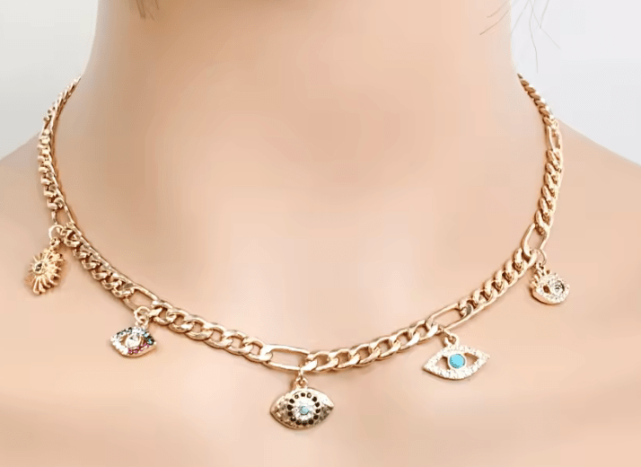 Evil Eye Charm Collar Steel Necklace 14K  - Spiral Circle