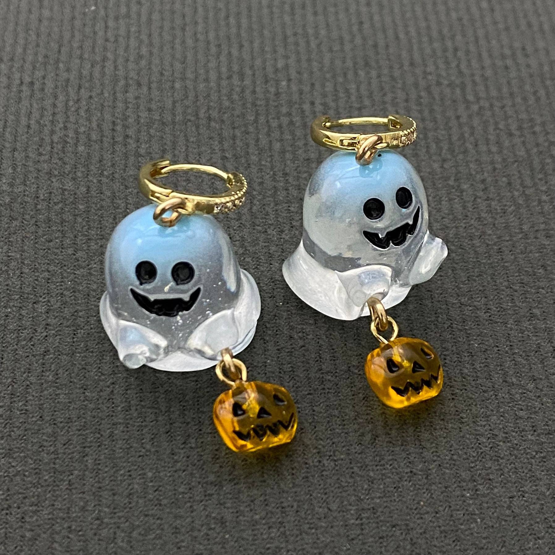 Halloween Resin Ghost & Pumpkin Huggie Earrings