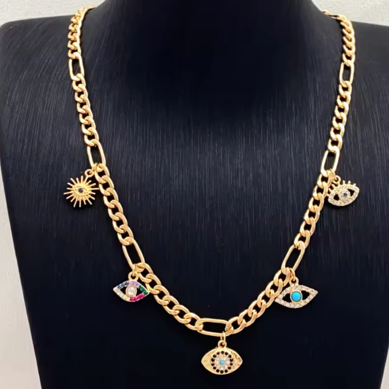 Evil Eye Charm Collar Steel Necklace 14K 
