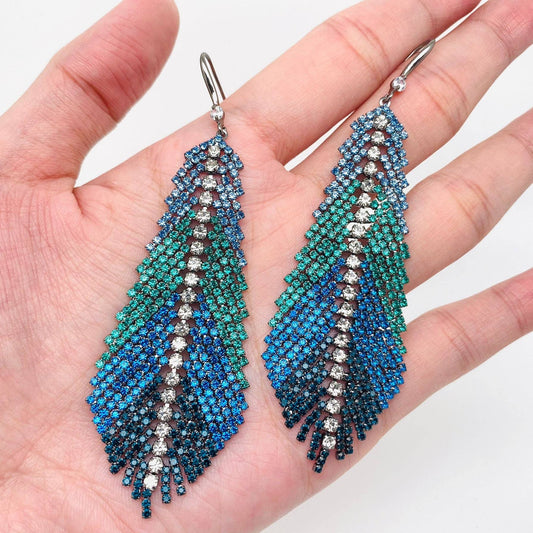 Feather Shape Colored Rhinestone Tassel Dangle Earrings - Spiral Circle