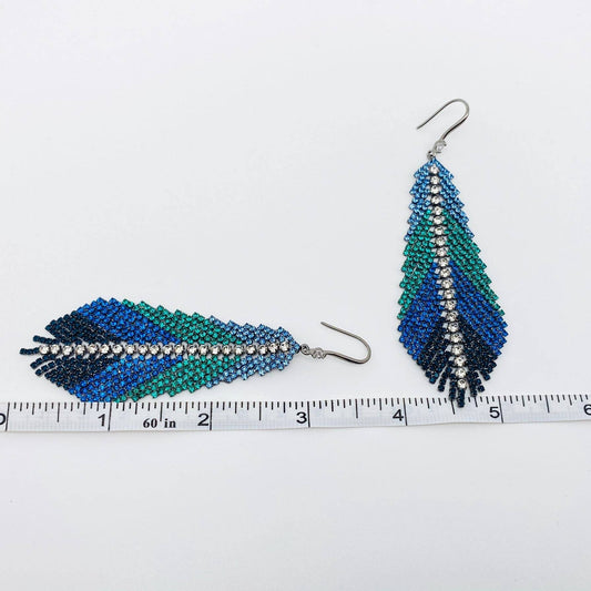 Feather Shape Colored Rhinestone Tassel Dangle Earrings - Spiral Circle