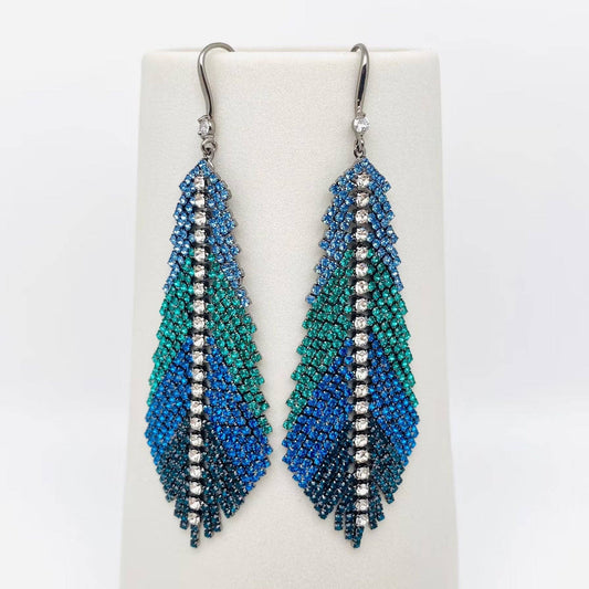 Feather Shape Colored Rhinestone Tassel Dangle Earrings - Spiral Circle