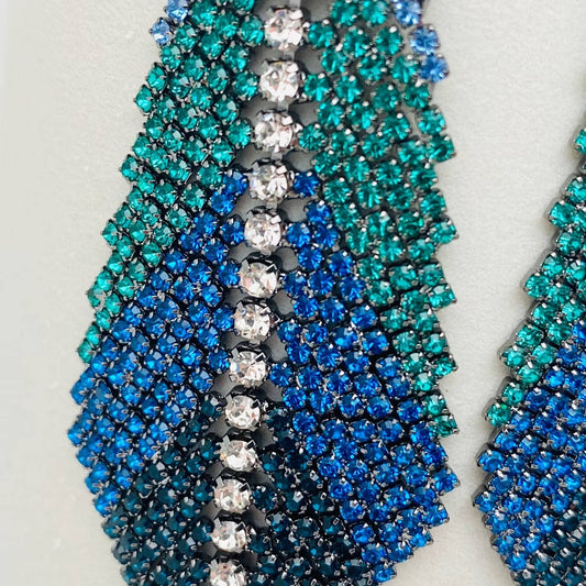 Feather Shape Colored Rhinestone Tassel Dangle Earrings - Spiral Circle