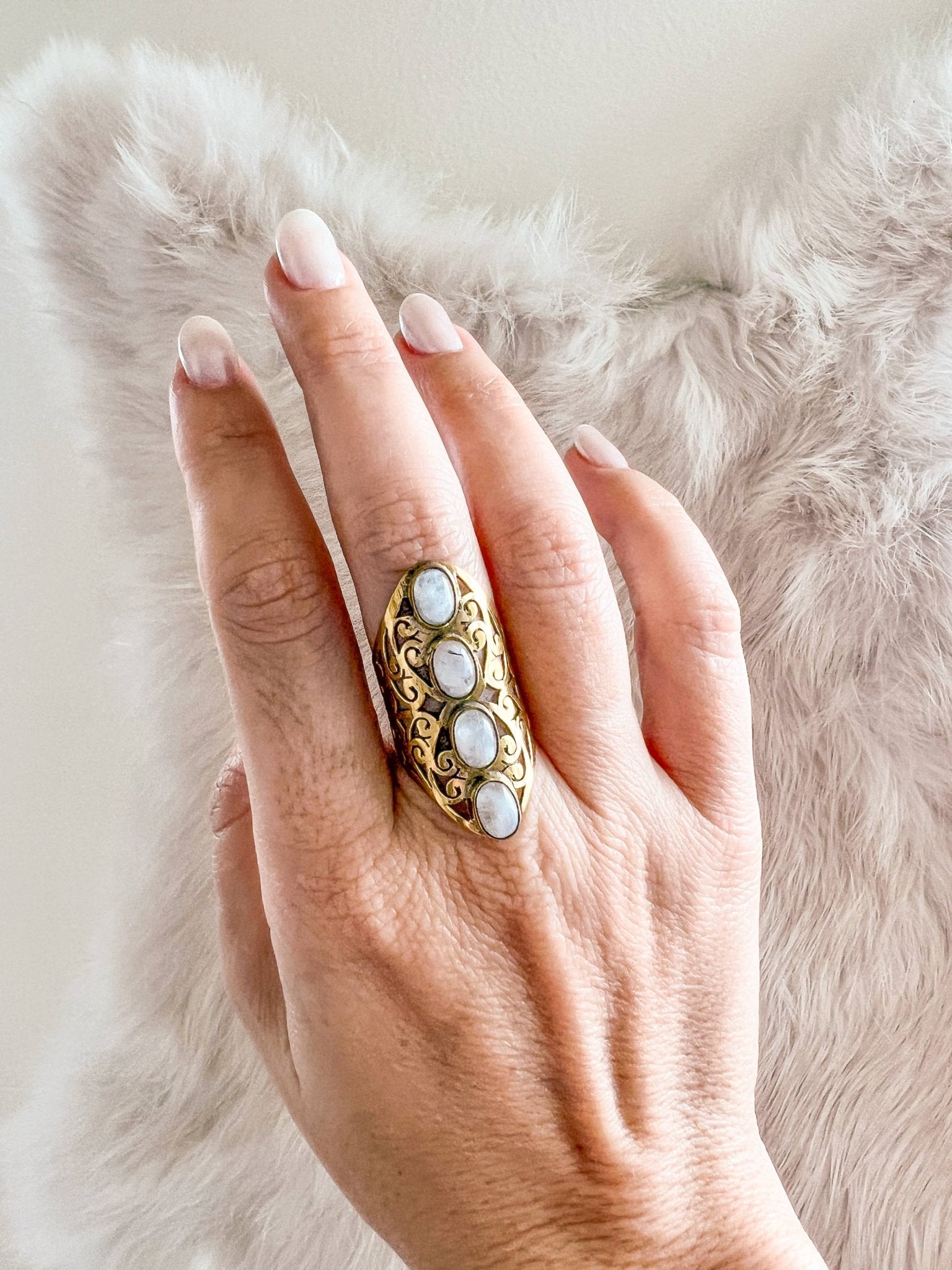 Filigree Brass Ring with 4 Stones - Spiral Circle