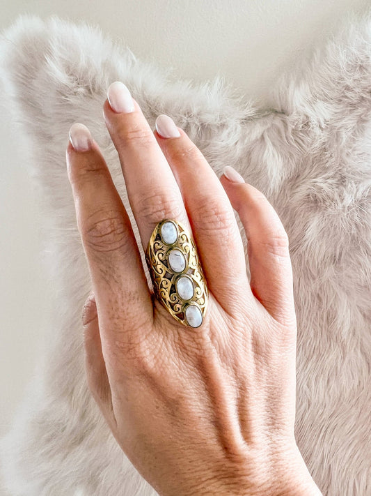 Filigree Brass Ring with 4 Stones - Spiral Circle