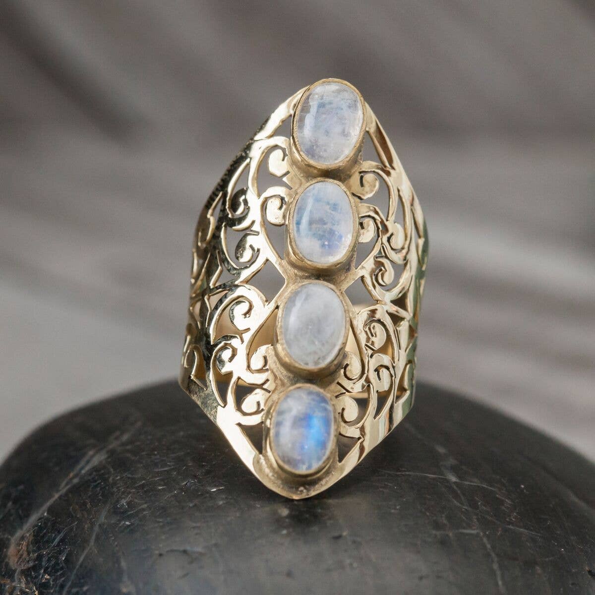 Filigree Brass Ring with 4 Stones - Spiral Circle