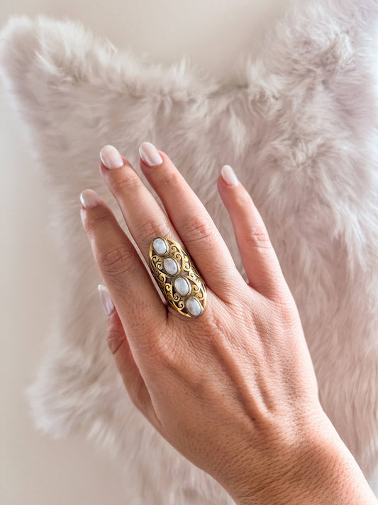 Filigree Brass Ring with 4 Stones - Spiral Circle