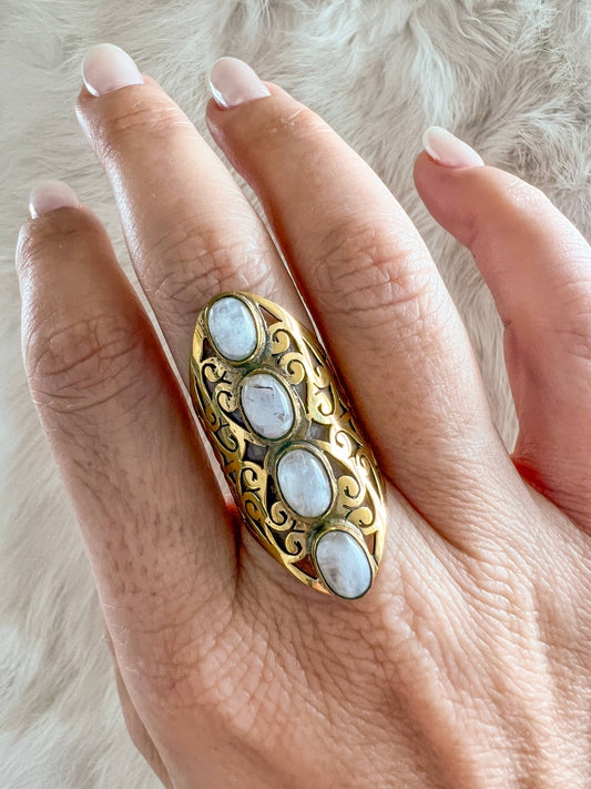 Filigree Brass Ring with 4 Stones - Spiral Circle