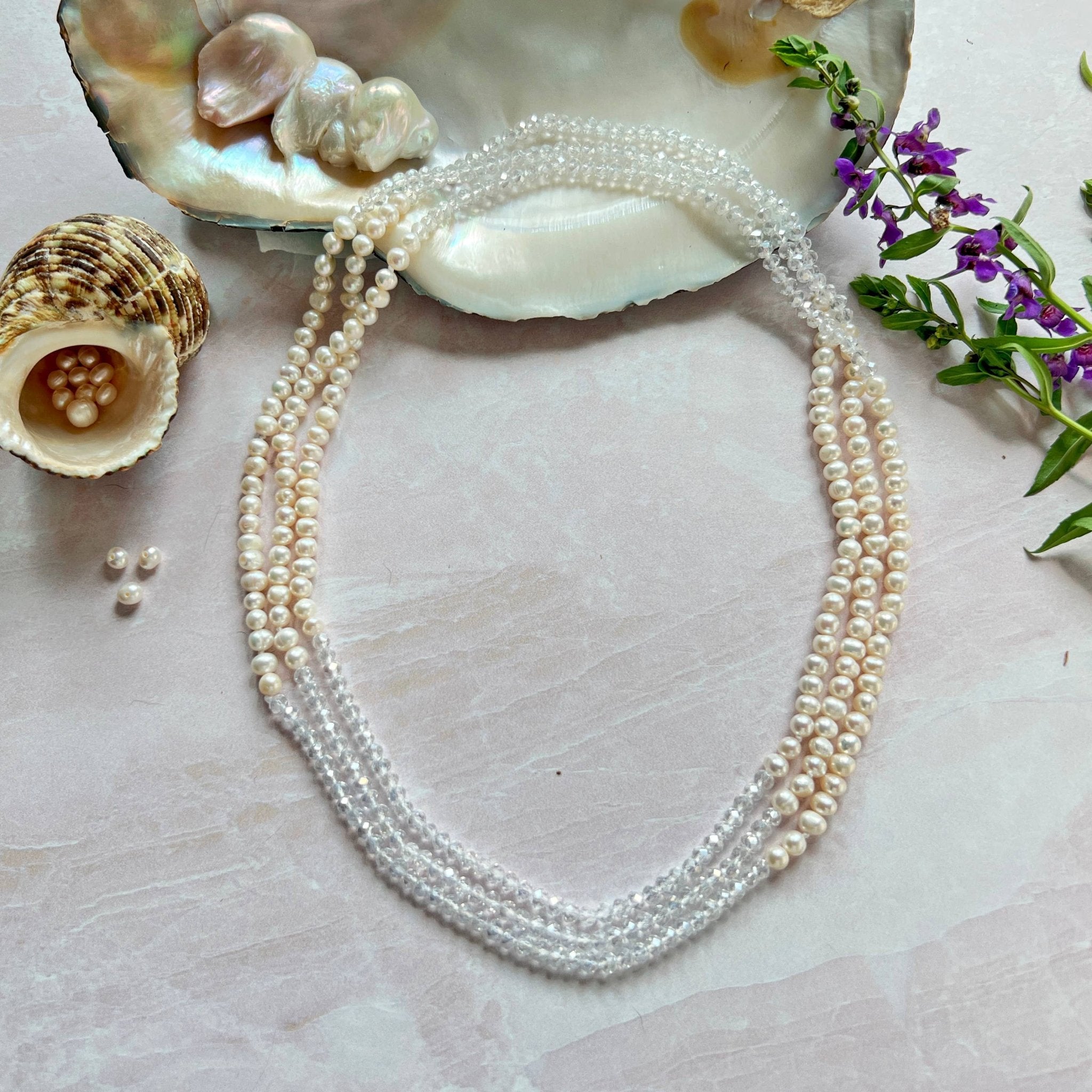 Freshwater Pearl and Crystal Necklace - Clear - Spiral Circle