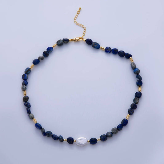 Freshwater Pearl & Lapis Lazuli Necklace | 18K Gold Plated - Spiral Circle