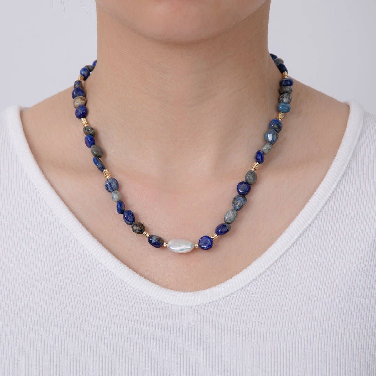 Freshwater Pearl & Lapis Lazuli Necklace | 18K Gold Plated - Spiral Circle