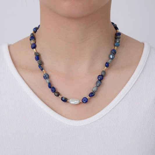 Freshwater Pearl & Lapis Lazuli Necklace | 18K Gold Plated - Spiral Circle