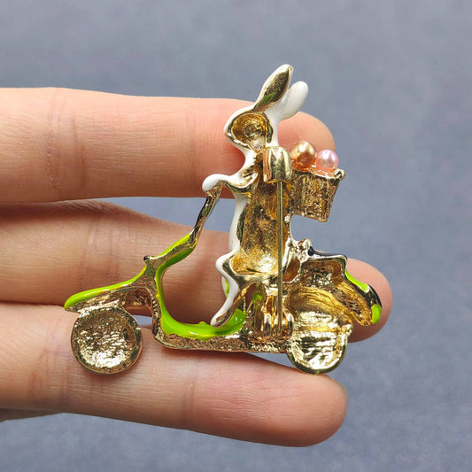 Funny Enamel Rabbit Riding Motorcycle Brooch - Spiral Circle