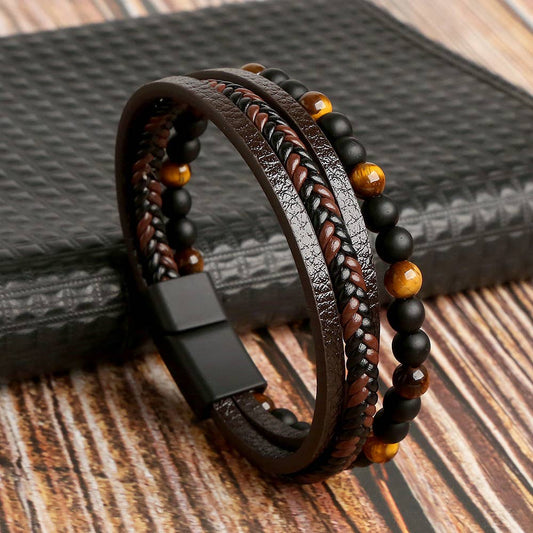 Gemstone Men's Leather Bracelets - Spiral Circle