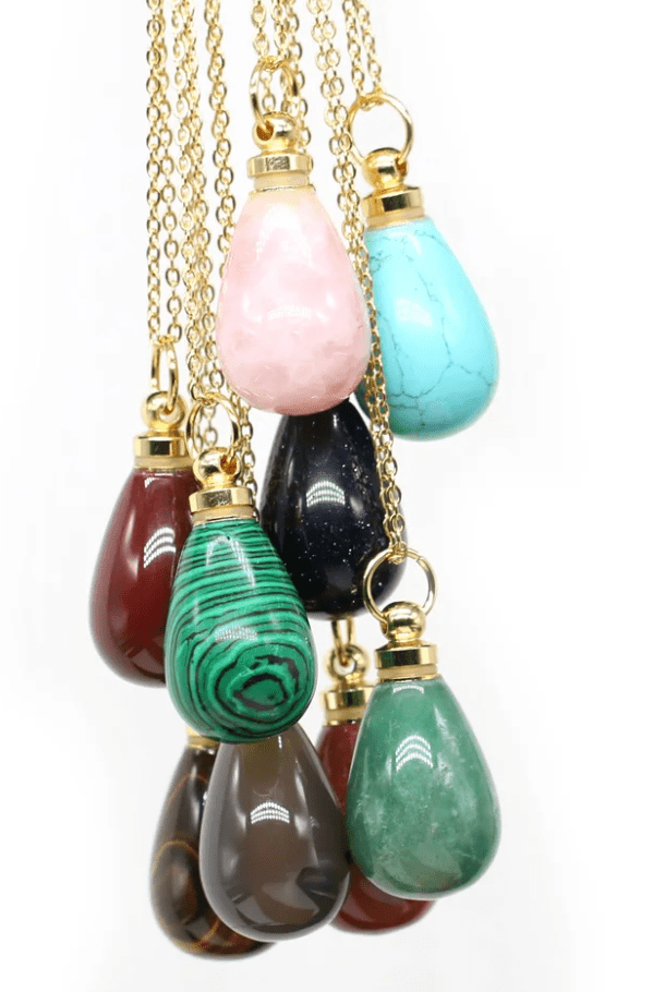 Gemstone Perfume Bottle Necklace - Oval - Spiral Circle