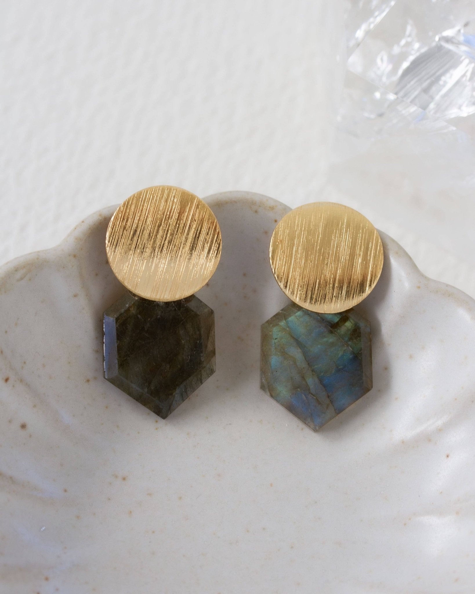 Geocentric Statement Post Earrings - Labradorite - Spiral Circle