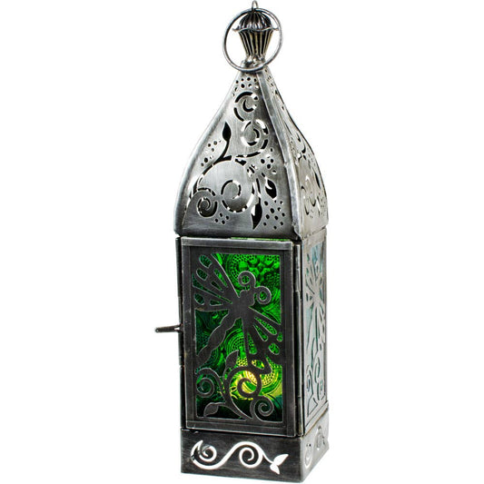 Glass & Metal Lantern Dragonfly Green & Turquoise - Spiral Circle