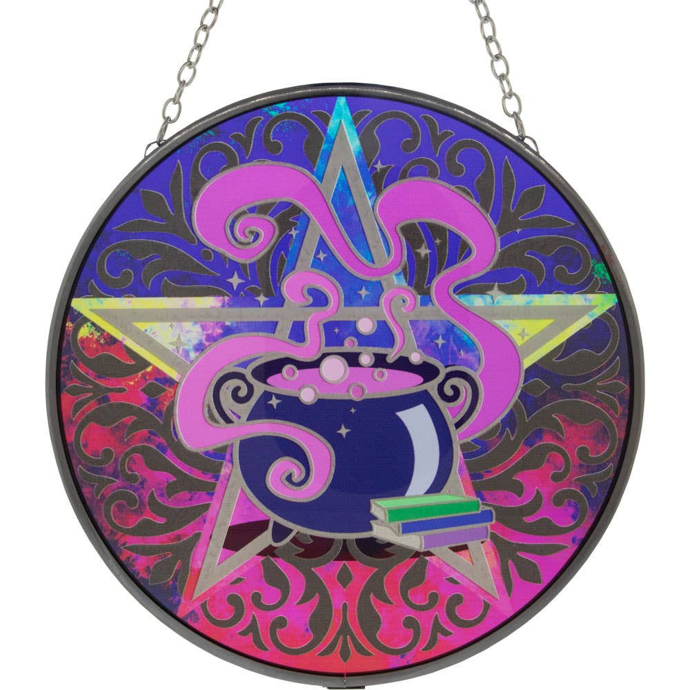 Glass Suncatcher 6in - Magic Cauldron w/ Pentacle (Each) - Spiral Circle