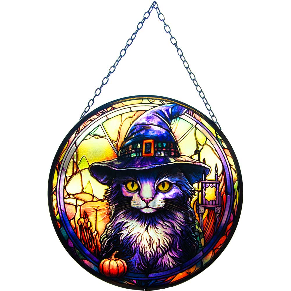 Glass Suncatcher 6in | Wizard Cat - Spiral Circle