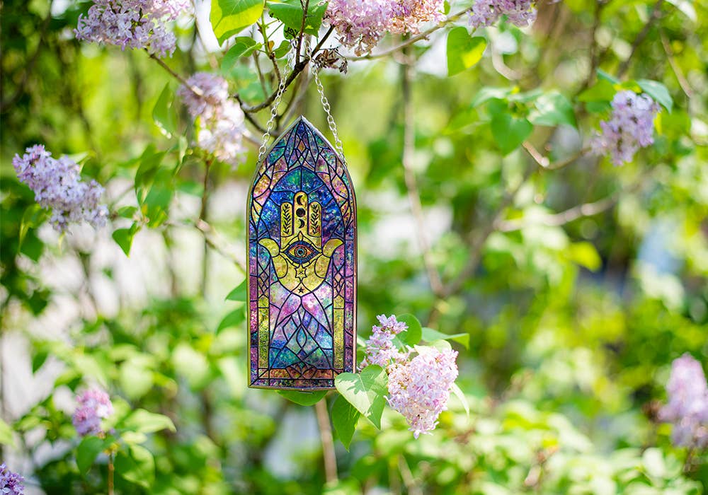 Glass Suncatcher 8in Cathedral | Fatima Hand - Spiral Circle