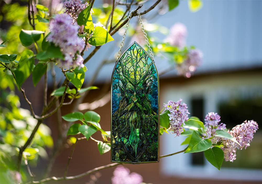 Glass Suncatcher 8in Cathedral | Green Man - Spiral Circle